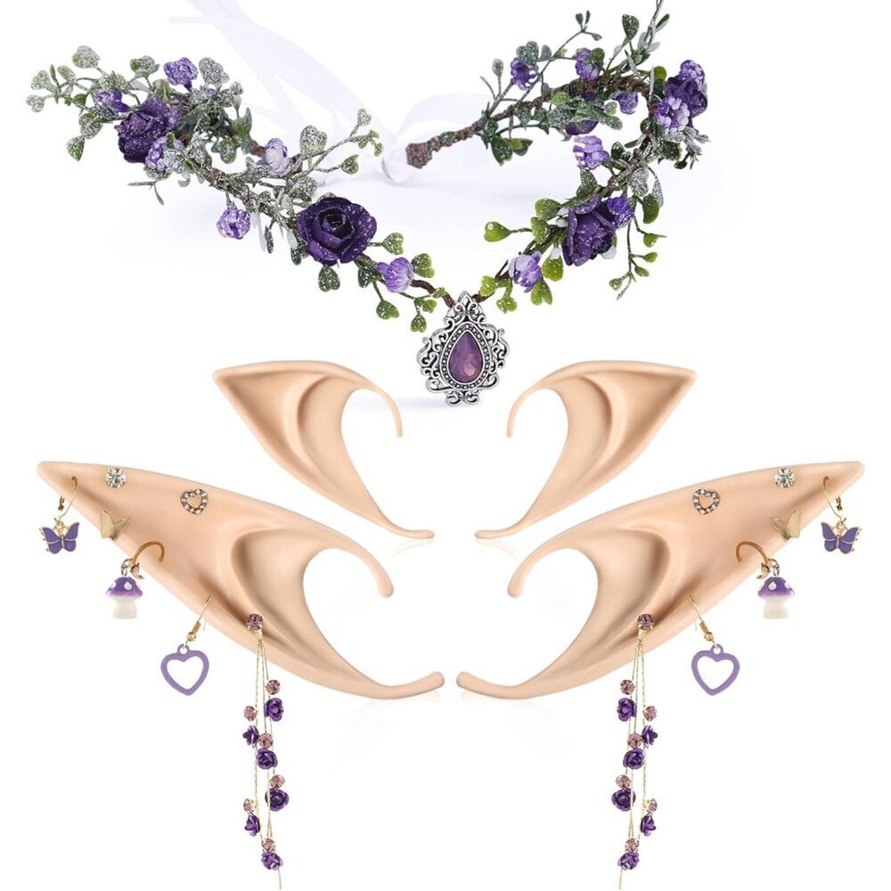 Fairy Accessories Set Women Purple Flower Elf Crown Elf Ears Piercings